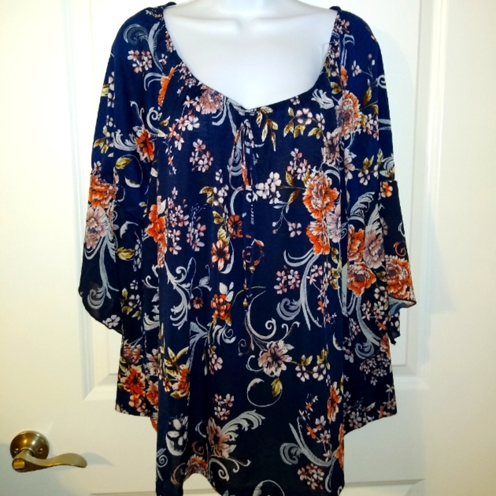 NEW PLUS Naif Boutique Floral Blouse Shirt Top Lady's 2X Navy Blue Gold